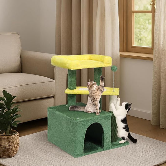 Outvita Cat Tree 27.5in Small Cat Tower, Multi-Level Cat Tree Tower with Cat Scratching Post and Pad, Cozy Cat Condo, Padded Top Bed for Kittens and Indoor Cats, Yellow & Green