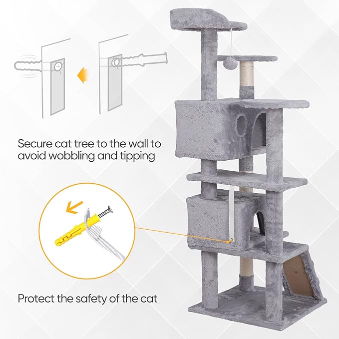 ZENY 54 inches Cat Tree with Sisal-Covered Scratching Posts and 2 Plush Rooms Cat Furniture for Kittens (Light Gray)