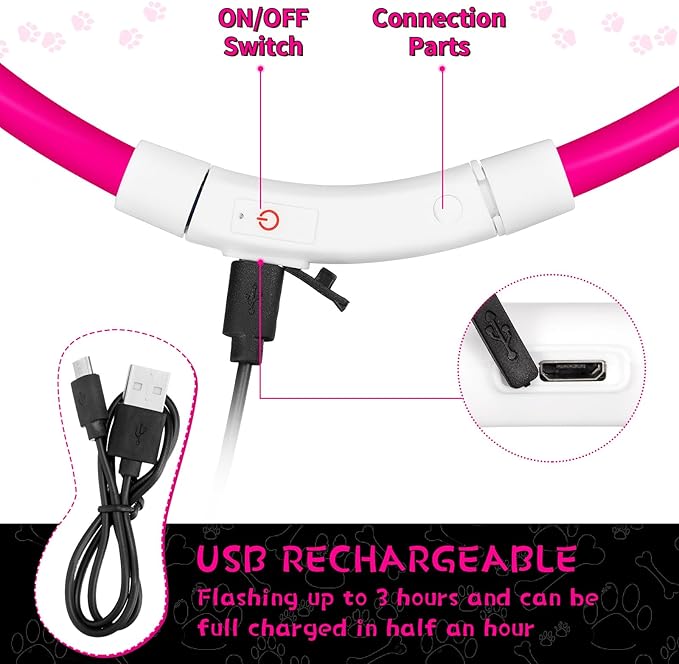 Weewooday 3 Pcs Dog Collar USB Rechargeable LED Light up Dog Collar Flash Waterproof Pet Necklace Pet Lights for Night Walking Adjustable Safety Necklace for Large Medium Small Puppy(Rose Red)