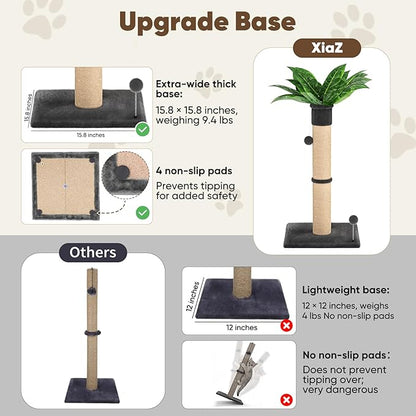 XiaZ Cat Scratching Post 34 Inches Tall, Cat Tower Scratcher Extra Wide 15.8" Stable Base with 2 Interactive Toy Balls, Premium Natural Sisal & Plush Fabric for Any Size Cats (Dark Gray, 4.5in)