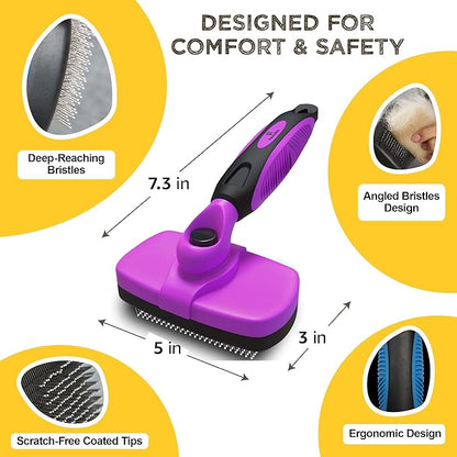 Deshedding Dog Brush for Shedding – Self Clean Cat Brush Deshedding & Grooming Tool for Long Haired and Short Haired Dogs, Slicker Brushes for Dogs, Skin-Friendly, Retractable Bristles, Easy to Clean