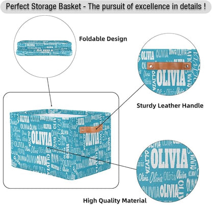 Custom Storage Baskets Named, Personalized Storage Bins Basket Boxes PU Leather Handles for Clothes Bedroom Closet Organizing Toys Books Shelves, Sky Blue Solid Color