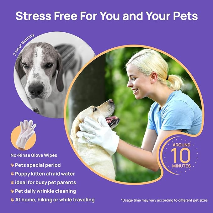 HICC PET Cleaning Deodorizing Glove Wipes for Dogs & Cats, Vet Recommended Hypoallergenic Hydrating & Nourish Fur Pet Grooming Glove Wipes, Pet Bathing Wipes for Horse Coat Care, 6pcs Rose Scent
