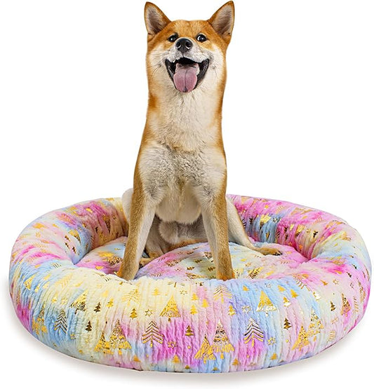 31 Inch Christmas Tree Calming Dog Bed for Medium Dogs, Round Anti-Anxiety Warm Bed, Soft Cozy Anti-Slip Donut Washable Pet Bed, Fits up to 50 lbs Pets