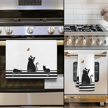 Cat Kitchen Towels - Quick-Dry Black Feline Gathering Art with Butterfly Watcher, Decorative Hand Towel for Humorous Pet Moms | Kitchen Dish & Bathroom Towels Decorative, Crazy Cat Lady Gifts