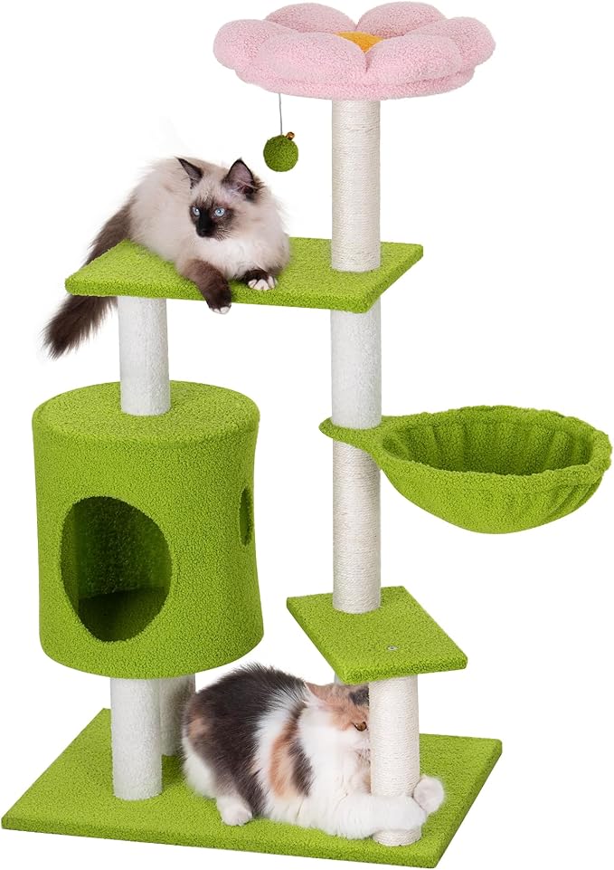 Aechonow 41.2'' Flower Cat Tree with 3 Scratching Posts, Small Cat Tower Cute for Indoor Girl Cat, Cozy Condo Cave Hammock Perch Bed for Kitten Pet, Green