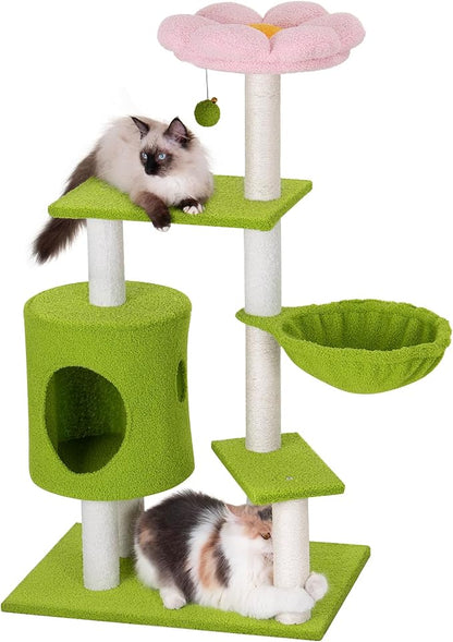Aechonow 41.2'' Flower Cat Tree with 3 Scratching Posts, Small Cat Tower Cute for Indoor Girl Cat, Cozy Condo Cave Hammock Perch Bed for Kitten Pet, Green