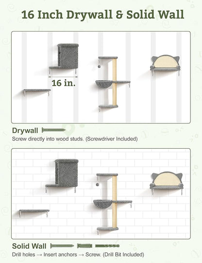 5-in-1 Cat Wall Shelves, Solid Wood & Velvet & Sisal Scratcher, 44lbs Max Load, Wall Mounted Cat Furniture for Climbers, Cat Climbing Wall System, Fits Drywall & Solid Walls - Light Gray