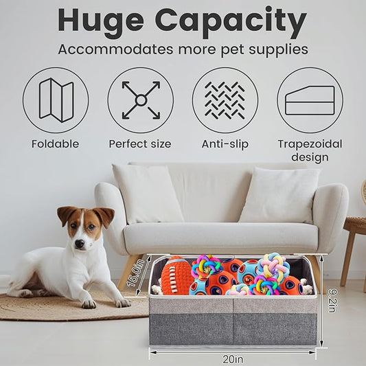 Large Dog Toy Basket With Handle, Foldable Dog Toy Box for Living Room Area, 20" Basket for Dog's Toys, Clothes, Organizers and Storage with Hard Board, Anti-slip for Pet Toys (Gray, Medium)