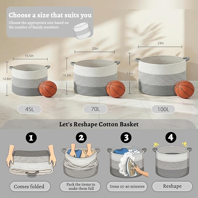 70L Large Cotton Rope Basket, Decorative Woven Blanket Storage for Living Room, Boho Toy Storage & Toy Box for Kids, Versatile Laundry Basket & Nursery Hamper for Blankets(Grey)