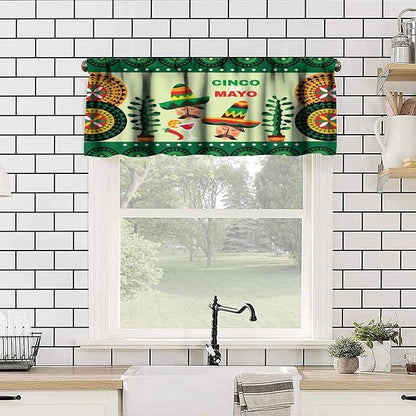 Mexican Style Valances Curtain for Kitchen Cafe, Mexican Sombrero Pepper Guitar Window Treatment Valances Short Curtains Rod Pocket Drape for Dining Room Home Decor, 54x18inch