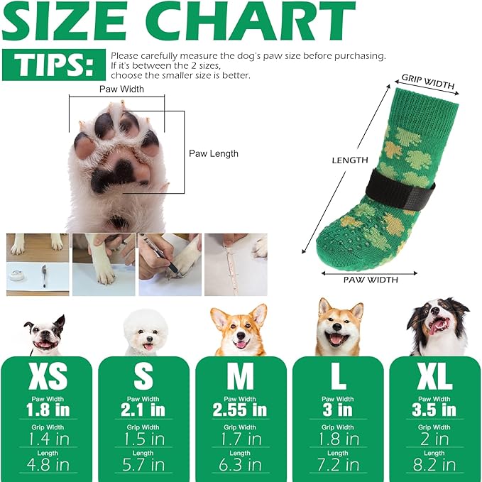 EXPAWLORER Anti Slip Dog Socks to Prevent Licking Paws, Dog Shoes Booties for Small Medium Large Senior Dogs, Traction Control Boots & Paw Protectors for Hardwood Floors St. Patrick's Day Green S