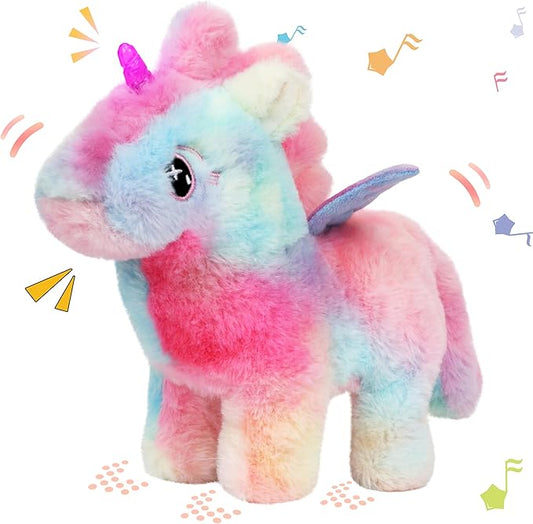 Hopearl Walking Unicorn with Glowing Horn Interactive Electronic Pet Plush Unicorn Toy with Sounds and Movements Animated Gift for Toddlers Birthday, Rainbow, 7''