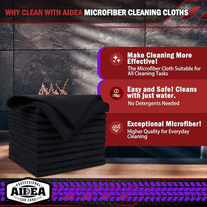 AIDEA Microfiber Cleaning Cloth Black 5PK, Microfiber Towels for Cars, Premium Car Cloths, Dusting Cloth Lint Free Cleaning Rags for SUVs, House, Kitchen, Window, Workshops,12×12"