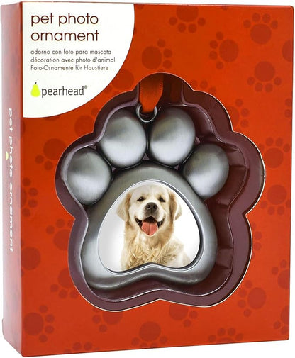 Pearhead Pawprint Photo Ornament, Dog or Cat Christmas Tree Decoration, Pet Memorial Keepsake Picture Frame, Classic Holiday Home Decor, Silver Metal