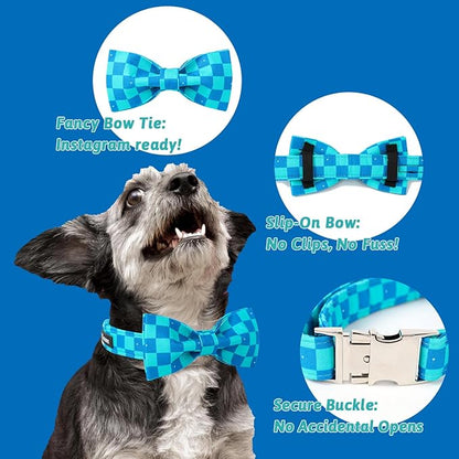 Maca Bates Blue Checkered Dog Collar with Bow Tie Plaid Puppy Bowtie Collars Fancy Gingham Collar for Summer Adjustable Durable Soft Breakaway for Boy Male Gentleman Dogs Pet,Extra Large
