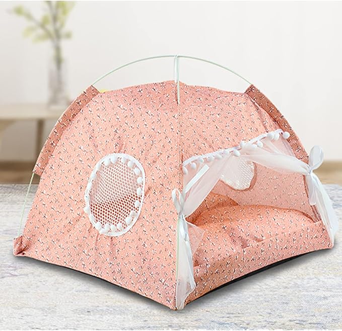 Indoor Pet Tent with Mesh Door, Cat & Dog Tent House, Washable & Warm, Slip Resistant, All Seasons (Pink)