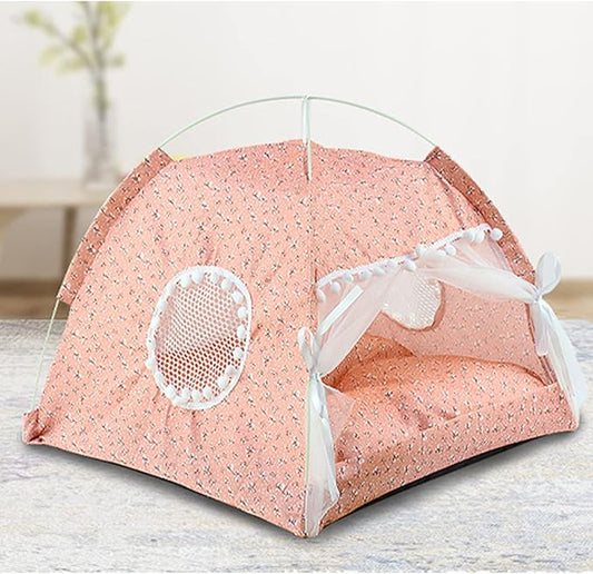 Indoor Pet Tent with Mesh Door, Cat & Dog Tent House, Washable & Warm, Slip Resistant, All Seasons (Pink)