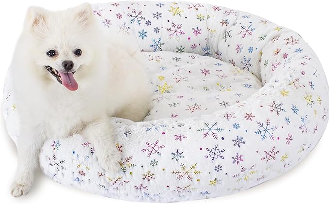 23 Inch Christmas Snowflakes Calming Dog Bed for Small Dogs Cats, Kitty Puppy Round Anti-Anxiety Warm Bed, Soft Cozy Anti-Slip Donut Washable Pet Bed, Fits up to 30 lbs Pets