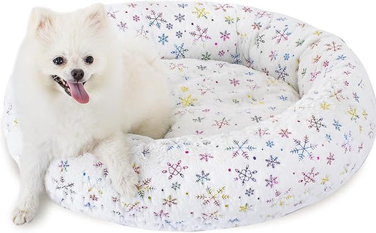 23 Inch Christmas Snowflakes Calming Dog Bed for Small Dogs Cats, Kitty Puppy Round Anti-Anxiety Warm Bed, Soft Cozy Anti-Slip Donut Washable Pet Bed, Fits up to 30 lbs Pets