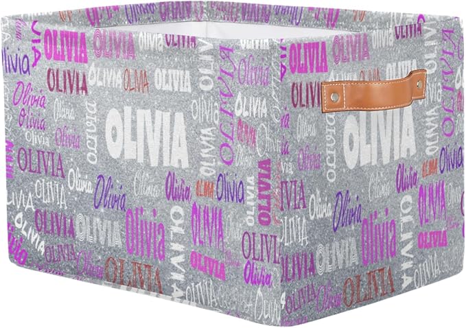 Custom Name Storage Bin, Personalized Rectangular Storage Basket with Handles for Organizing Boys Girls Toys Office Closet Shelf Baskets, Silver Glitters Print