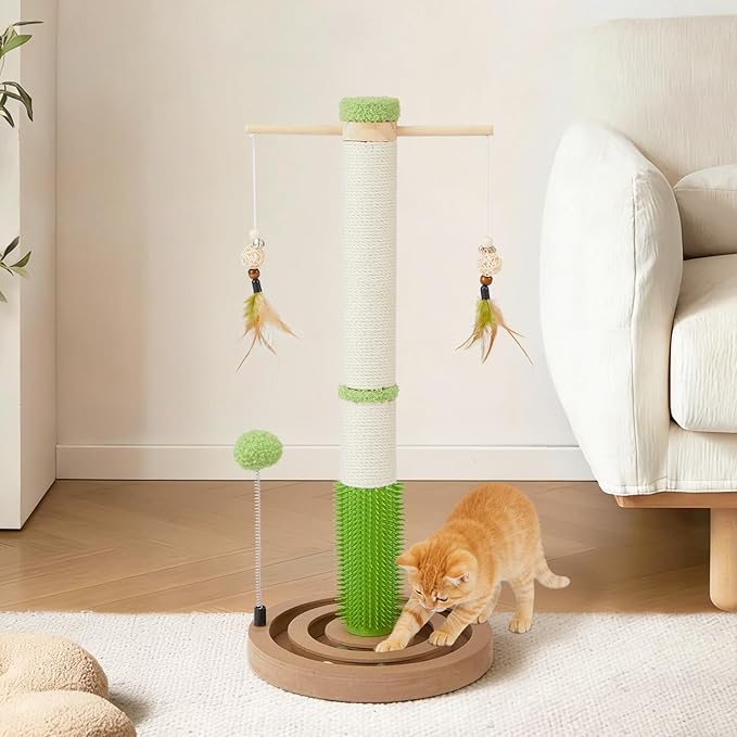 Cat Scratching Post, 26 Inch Tall Scratching Posts for Indoor Cats Adults and Kittens, Small Cat Scratch Post with Rotatable Hanging Toys, Rubber Brush and Double-Layer Interactive Wooden Ball Track