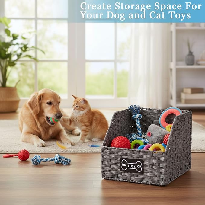 Dog Toy Basket Large Foldable Portable Rattan Dog Toy Storage Organizer for Living Room Bedroom Entryway Floor Corner Pet Toys Basket with Label, Dogs Toys Bin for Cats, Dogs and Pets-Grey