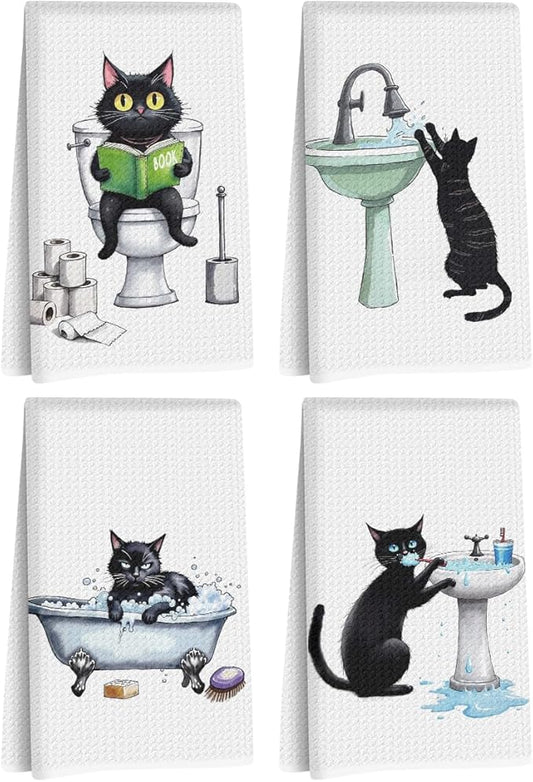 Hanamiya Na 4 Pcs Funny Cat Hand Towel for Bathroom 24x14 Inch, Funny Absorbent Microfiber Dish Cloth Towel, Waffle Weave Hand Towels for Toilet Home Cats Bathroom Decor, Cat Lover Gifts