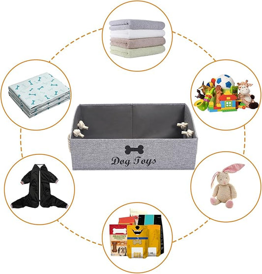 Geyecete 2 Pack Large Dog Toys Storage Bins-Foldable Fabric Trapezoid Organizer Boxes with weave Rope Handle,Collapsible Basket for Shelves,Dog Apparel(Snow Gray-DOG)