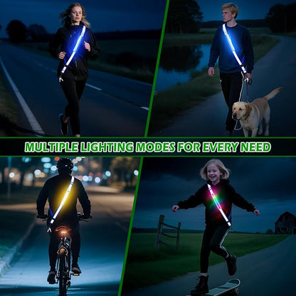 LED Reflective Belt Sash, Rechargeable LED Light Night Safety Walking Gear, High Visibility Adjustable Reflective Gear for Runners Walkers Cyclists at Night (Blue)