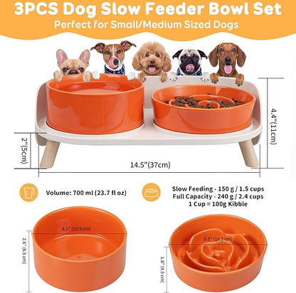 Elevated Slow Feeder Dog Bowls - Ceramic Food and Water Bowl Set with Stand - Raised Pet Dishes for Small and Medium Sized Dogs