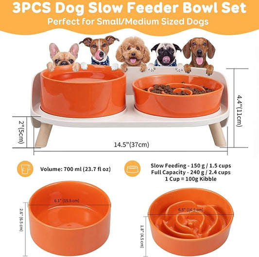 Elevated Slow Feeder Dog Bowls - Ceramic Food and Water Bowl Set with Stand - Raised Pet Dishes for Small and Medium Sized Dogs