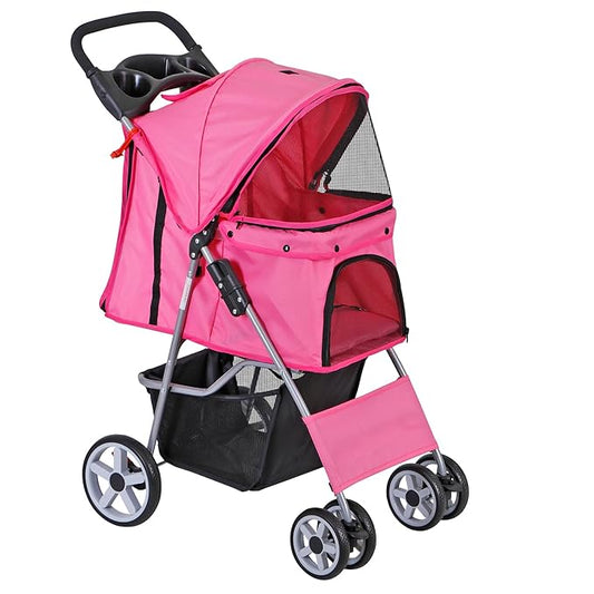 4 Wheels Dog Stroller Folding Pet Strolling Cart for Small Medium Cats Puppies Portable Jogger Travel Camping Puppy Carrier with Storage Basket Cup Holder, Pink