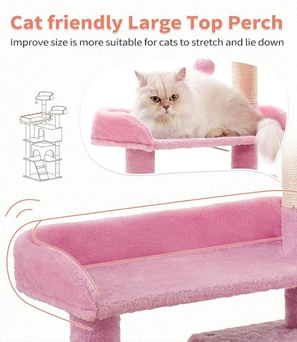 Made4Pets Cat Tree Tower 56" Cat Tower for Indoor Cats Kitten Tree Multi-Level Cat Tree with 2 Condo Furniture Activity Center with Scratching Posts Funny Toys (Pink)