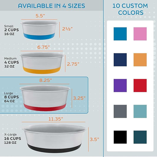 Master Pet Supply Stainless Steel Dog Bowls Set of 2 with Extra Thick Silicone Base - 8 Cup (64 oz) Graphite, Non-Slip, Dishwasher Safe Metal Bowls, Pet Dog Food Bowl for Dogs, Cats, Anti Rust
