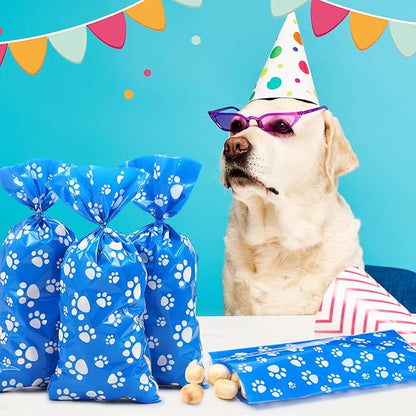 Blulu 100 Pieces Dog Treat Bags Puppy Party Favor Pet Paw Cone Cellophane Bags Candy Heat SealableDog Paw Gift with 100 Pieces Silver Twist Ties for Pet Cat Treat Party Favor(Blue and White)