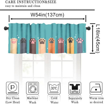 Paw Valances Curtain for Kitchen, Cartoon Cat Dog Paws Pattern Window Treatment Valances Short Curtains Rod Pocket Drape for Dining Room Home Farmhouse Decor, 54x18inch