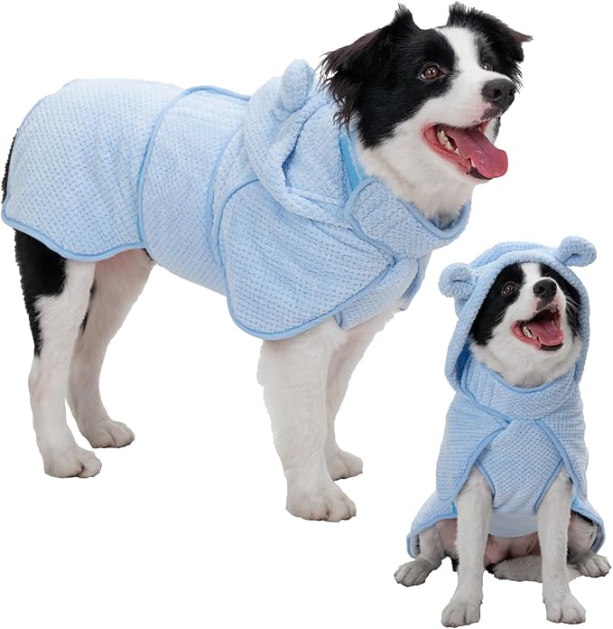 Dog Bathrobe Towel Wrap, Hooded Double Layer Super Absorbent Dog Drying Coat, Adjustable Warm Bath Robe for Cold Weather, Beach, Pool, Fast Drying Towels for Large Medium Dogs,Blue,M