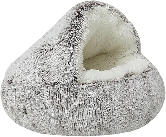 Dog Cave Bed for Small Dogs Cats Pets, Anti Anxiety Calming Plush Dog Beds, Fluffy Covered Hooded Cozy Burrow Puppy Beds, Anti-Slip Bottom Washable Pet Sleeping Bag (20" D, Coffee)