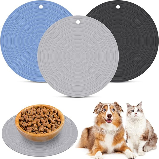 3 Pieces Silicone Pet Food Mat Feeding Mat for Dog and Cat Bowl Placemat Preventing Food and Water Overflow Suitable for Medium and Small Pet(7.1 Inch,Blue, Gray, Black)