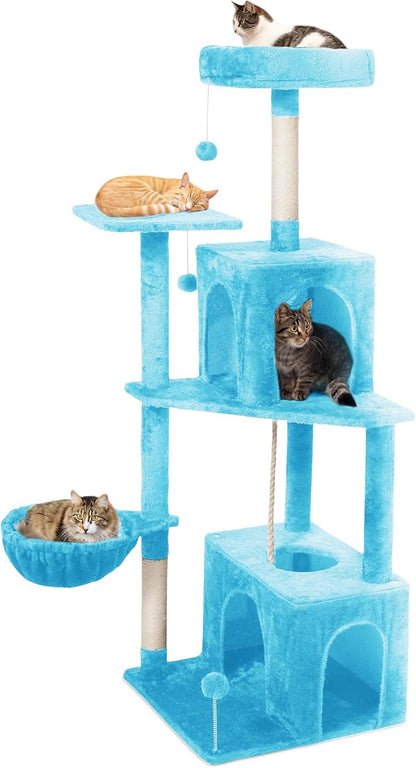 Cat Tree, 54-Inch Cat Tower for Indoor Cats, Soft Plush Multi-Level Climbing Cat Condo with Scratching Posts, Basket, Perches,2 Caves,2 Pompoms Play House for Cat(Blue)