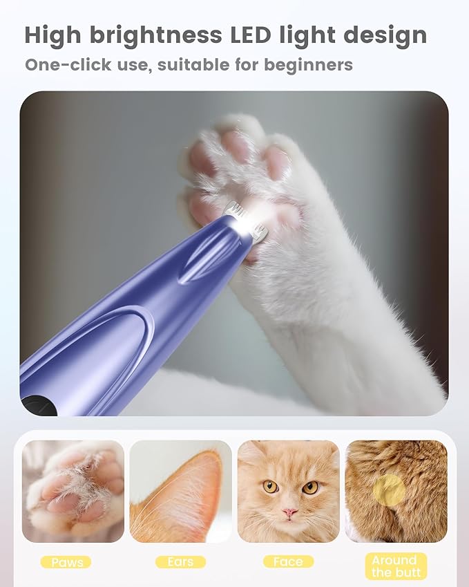 Dog Grooming Kit with LED Display, 35dB Ultra-Low Noise Dog Paw Trimmer, Cordless Hair Trimmer for Paws, Ears, Face, Rump with LED Light (Purple-Blue)