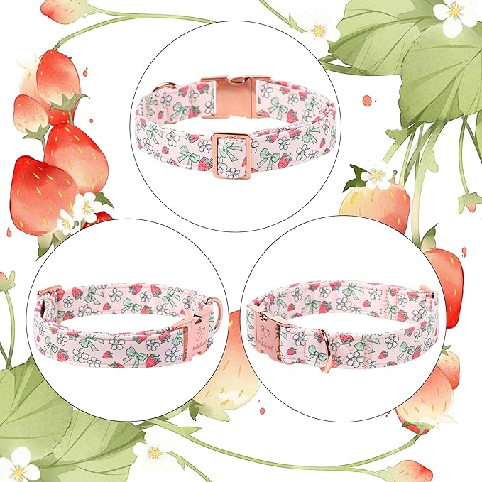 Pink Girl Dog Collar, Sweet Strawberry Spring Summer Dog Collars, Vintage Bow Puppy Collar, Adjustable Heavy Duty Pet Collar for Small Medium Large Dogs with Metal Buckle M