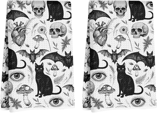 2Pcs Skeleton Cat Kitchen Towels, Mushroom Durable Microfiber Tea Towels for Kitchen Home Bathroom Farmhouse Decor, Eyes Bat Waffle Weave Dish Drying Towel, Cat Gifts for Women Friend, 24x14 Inch