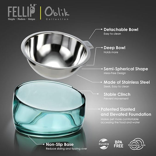 Felli Pet Oblik Acrylic Raised Dog Food Water Bowl Stainless Steel Slanted Oval Dish for Short Leg Puppy & Small Medium Pet, Elevated Tilted Metal Feeder (Classic, 1.5 Cups Oval Dish)