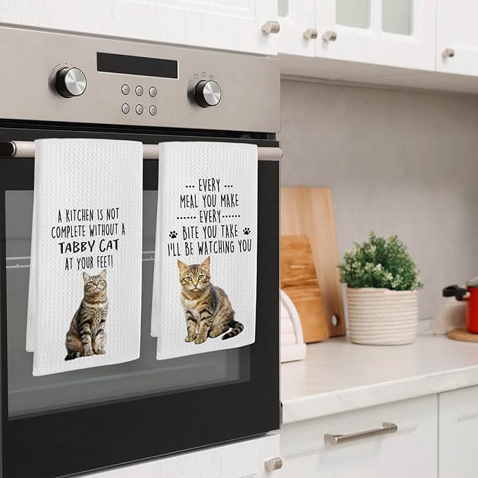 Funny Tabby Cat Kitchen Towels, Tabby Cat Mom Lady Lovers Gifts for Women Hand Towels, Pet Lover Gifts Dishcloths Dish Towel for Kitchen 16x24 Inches Set of 2