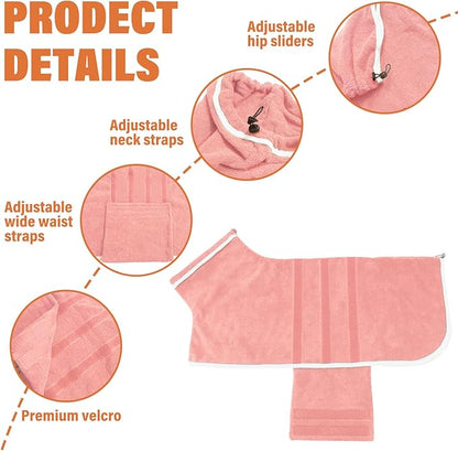 Dog Robe - Fast Drying Towel - Microfiber Super Absorbent Pet Bathrobe, Adjustable Collar & Belly Strap (Pink, Medium)