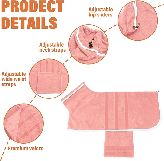 Dog Robe - Fast Drying Towel - Microfiber Super Absorbent Pet Bathrobe, Adjustable Collar & Belly Strap (Pink, X-Large)