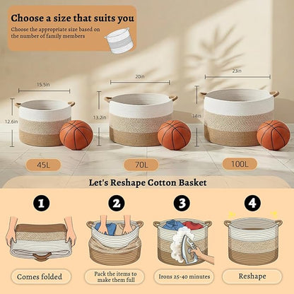 40L Large Cotton Rope Basket, Decorative Woven Blanket Storage for Living Room, Boho Toy Storage & Toy Box for Kids, Versatile Laundry Basket & Nursery Hamper for Blankets(Brown)