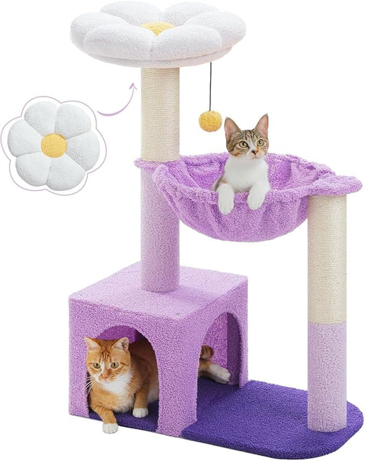 MUTTROS Purple Flower Cat Tree for Small Indoor Cats w/Large Metal Frame Hammock, 35" Cute Cat Tower with Sisal Scratching Posts, Cozy Condo with Cloud White Bed for Kittens